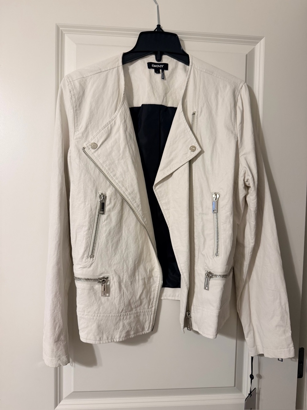 DKNY White Asymmetrical Moto-Style Leather Jacket